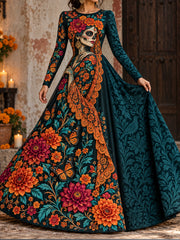 Women's Mexico Day of The Dead Floral Art Printed Dress