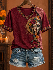 Women's Mexico Day of The Dead Floral Art Printed T-shirt