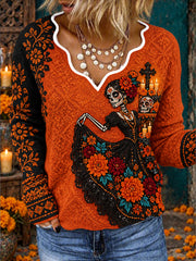 Women's Mexico Day of The Dead Floral Art Printed Tops