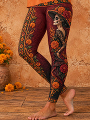 Women's Mexico Day of The Dead Floral Art Printed Leggings