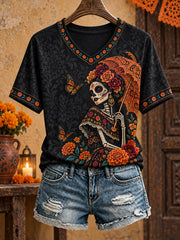 Women's Mexico Day of The Dead Floral Art Printed T-shirt