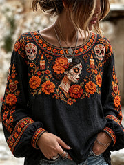 Women's Day of the Dead Lady Sugar Skulls Marigolds Floral Print Shirt
