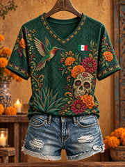 Women's Mexico Day of The Dead Floral Art Printed T-shirt