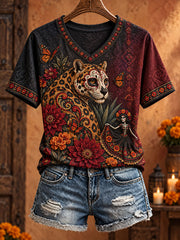 Women's Mexico Day of The Dead Floral Art Printed T-shirt