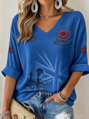 Women's Lest We Forget Print Mid-length Sleeves V-Neck T-Shirt