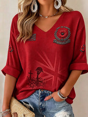 Women's Lest We Forget Print Mid-length Sleeves V-Neck T-Shirt