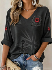 Women's Lest We Forget Print Mid-length Sleeves V-Neck T-Shirt
