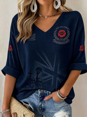 Women's Lest We Forget Print Mid-length Sleeves V-Neck T-Shirt