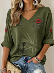 Women's Lest We Forget Print Mid-length Sleeves V-Neck T-Shirt