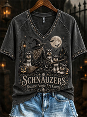Women's Schnauzers Because People Are Creepy Halloween Witch & Dogs Print short-sleeved T-shirt