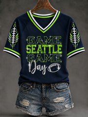Women's Seattle Football Gameday Gift For Football Fans V-Neck Short Sleeve T-shirt