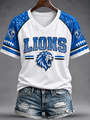 Women's Football Fan Lions Printed V-neck off-shoulder short-sleeved T-shirt